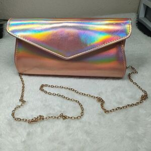 Gold Rose Holographic Envelope Evening Clutch Crossbody Bag, Gold Chain